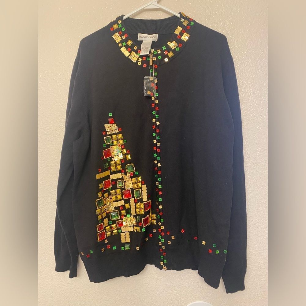 Drapers & Damons black holiday Christmas cardigan zip sweater jewel accents 2X